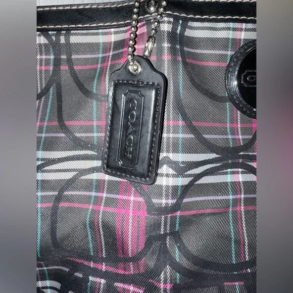 COACH Plaid Tote with Black Medallion - Black, Pink, Gray - Picture 2 of 12